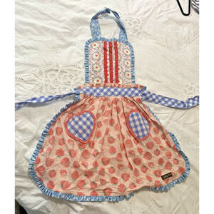 Matilda Jane Ruffled Apron Girls One Size Strawberry and Hearts Print